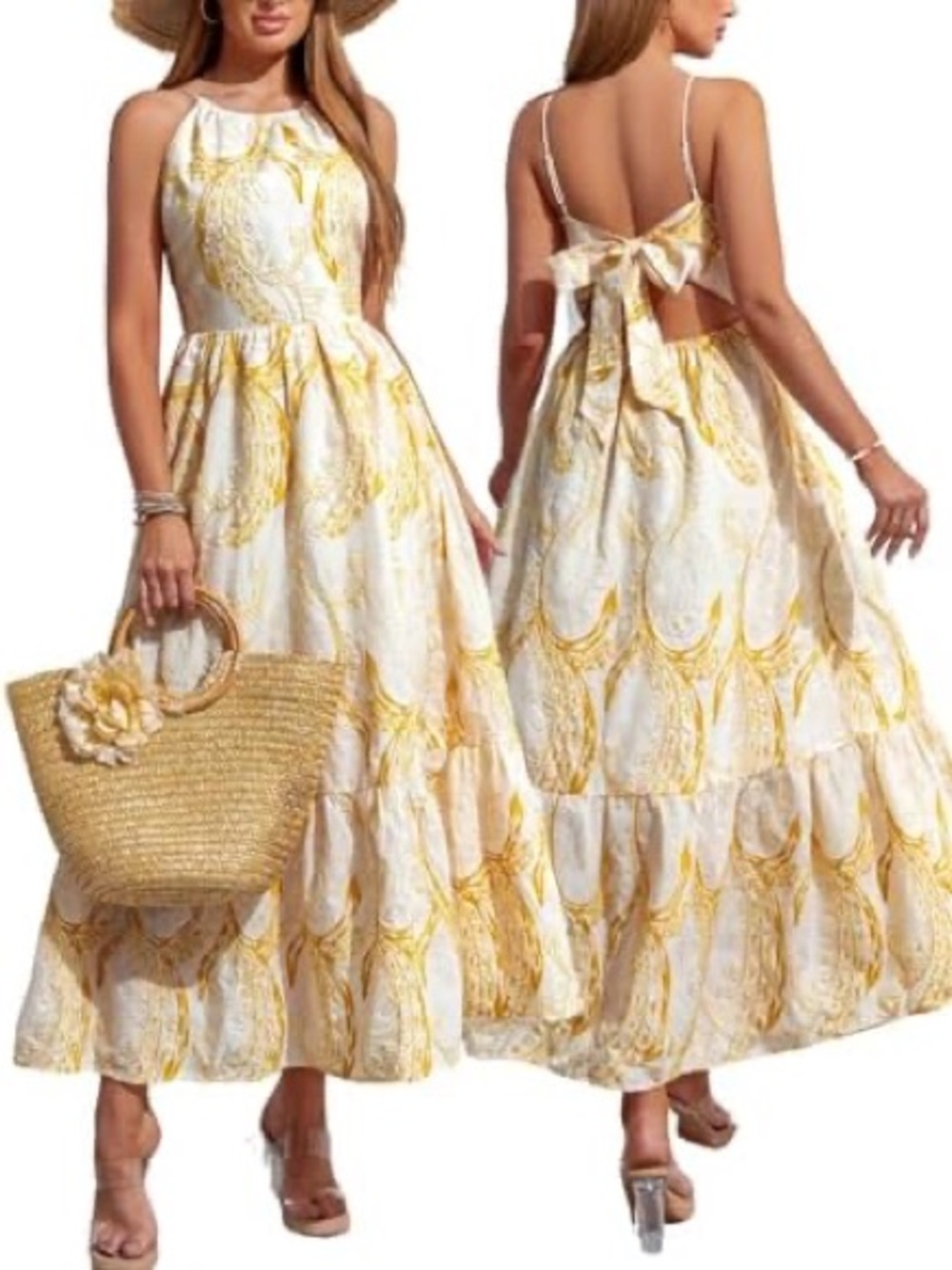 Plus Size  Yellow & White Print Halter Tie-Back Maxi Dress